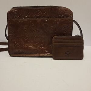 PATRICIA NASH Florence Tan Embossed Leather Crossbody and MATCHING Card Case